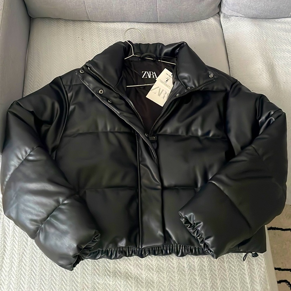 Brand New Zara Black Faux Leather Cropped Puffer Coat